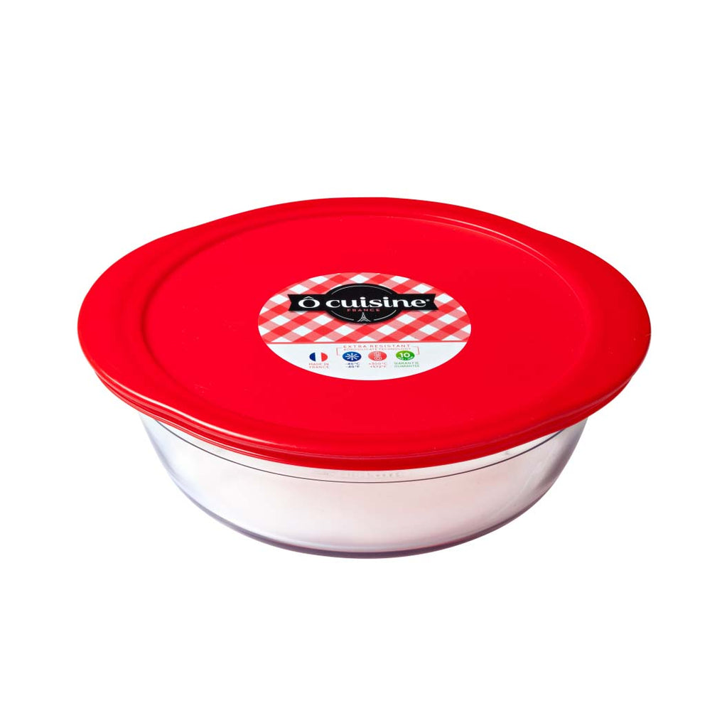 Image - O Cuisine Borosilicate Glass Oval Dish with Plastic Lid, 0.35 Litre, Red
