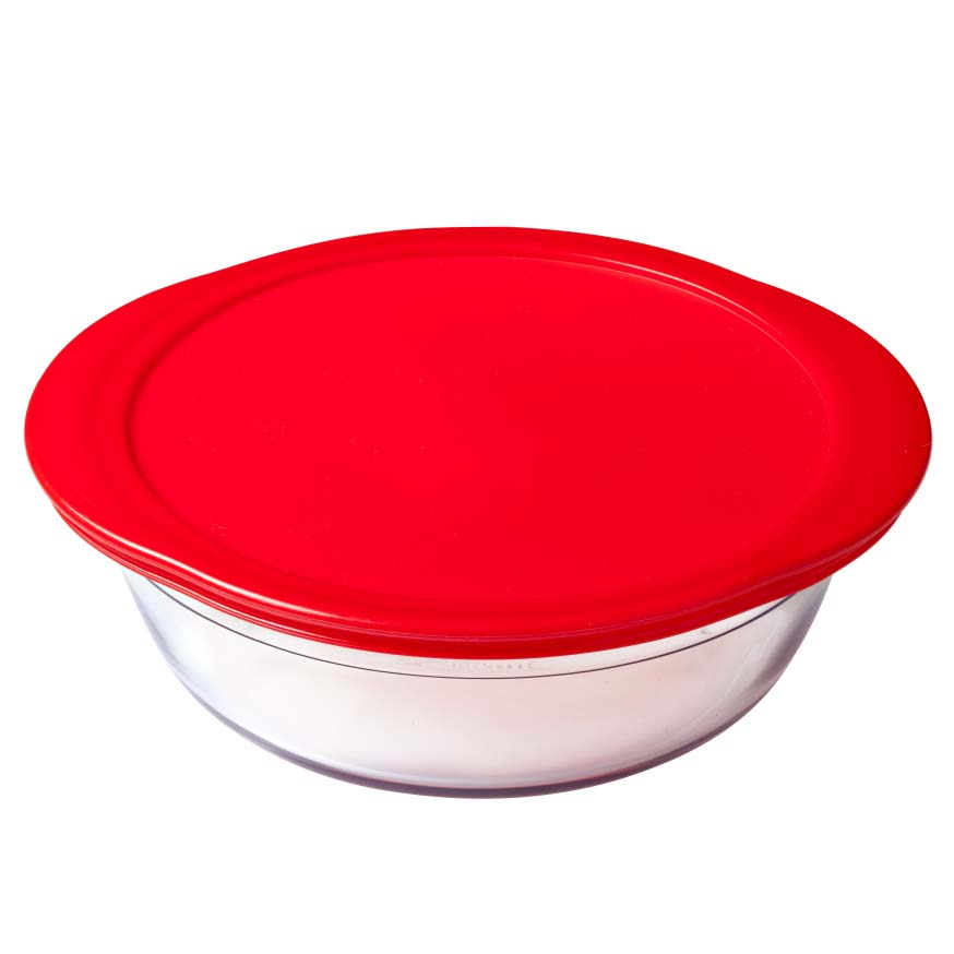 Image - O Cuisine Borosilicate Glass Oval Dish with Plastic Lid, 2.3 Litre, Red