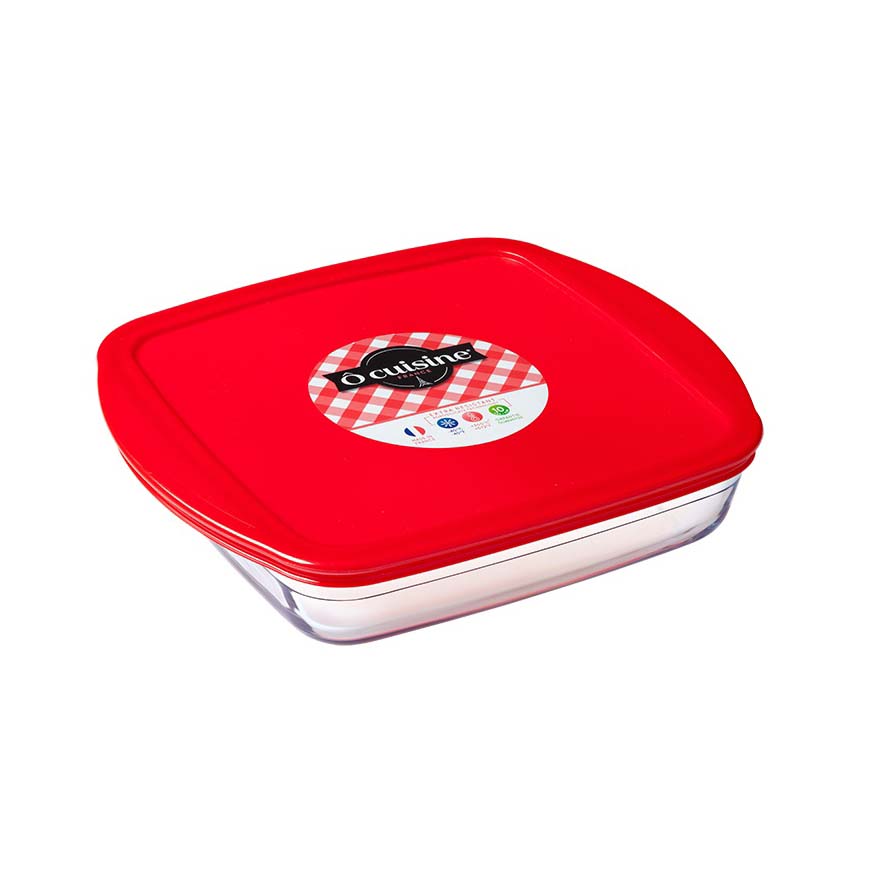 Image - O Cuisine Borosilicate Glass Square Dish with Plastic Lid, 0.35 litre, Red