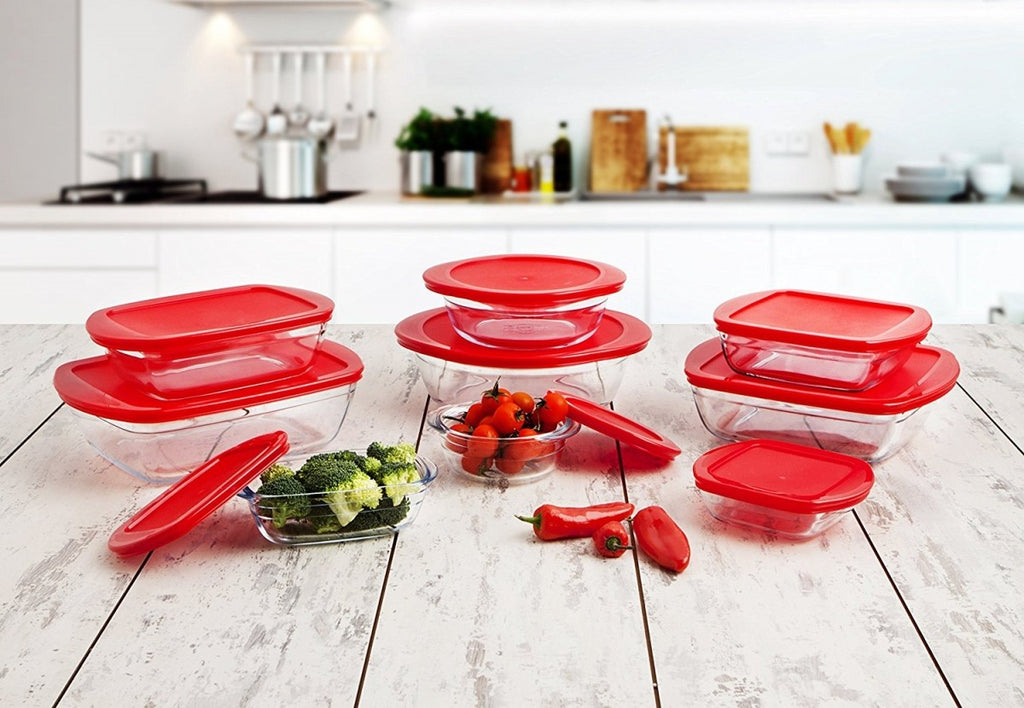 Image - O Cuisine Borosilicate Glass Square Dish with Plastic Lid, 0.35 litre, Red