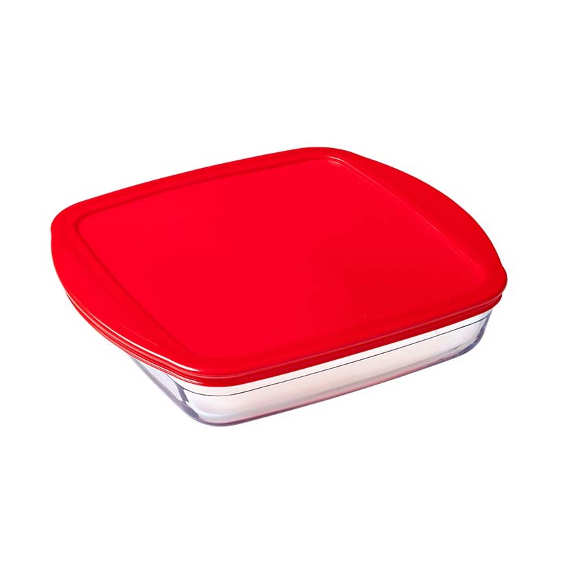 Image - O Cuisine Borosilicate Glass Square Dish with Plastic Lid, 1 litre, Red
