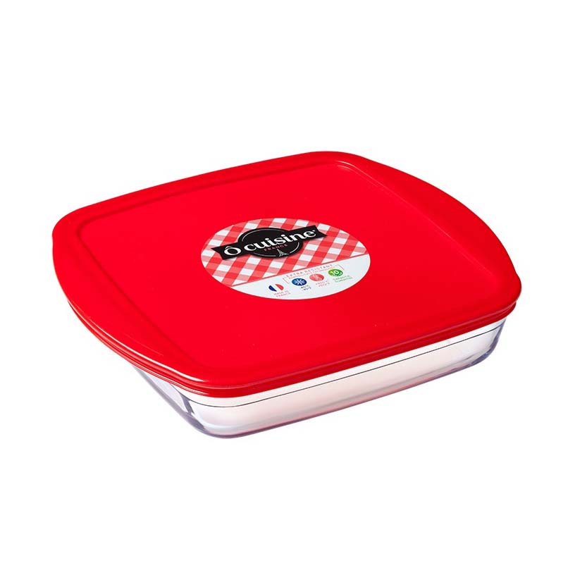Image - O Cuisine Borosilicate Glass Square Dish with Plastic Lid, 1 litre, Red