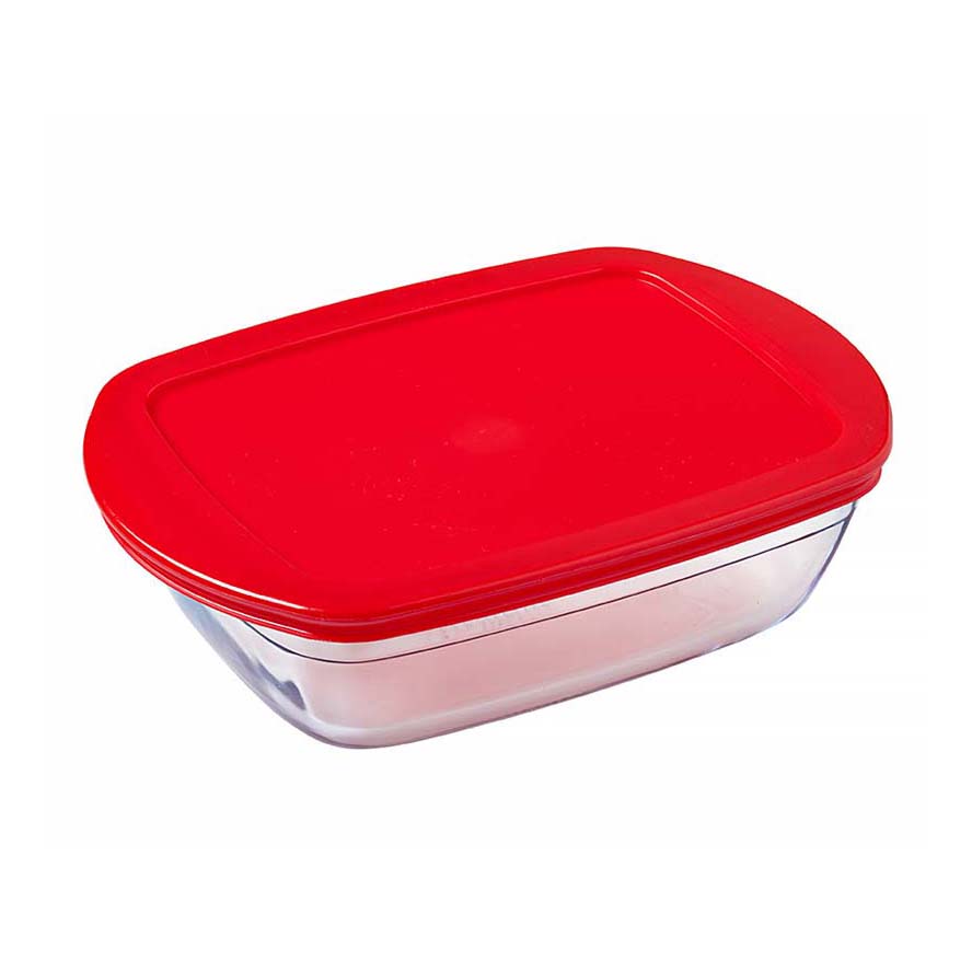 Image - O Cuisine Borosilicate Glass Rectangular Dish with Plastic Lid, 1.2 litre, Red