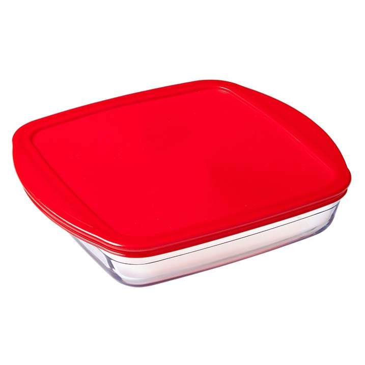 Image - O Cuisine Glass Square Dish with Plastic Lid, Approx 1.6 litre, Red