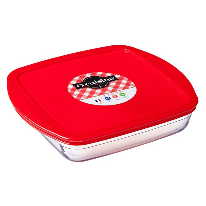 Image - O Cuisine Glass Square Dish with Plastic Lid, Approx 1.6 litre, Red