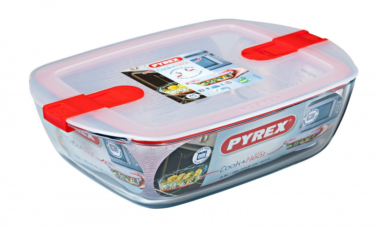 Image - Pyrex Cook & Heat Rectangular Glass Food Container with Patented Microwave Safe Lid, 23x15x6cm
