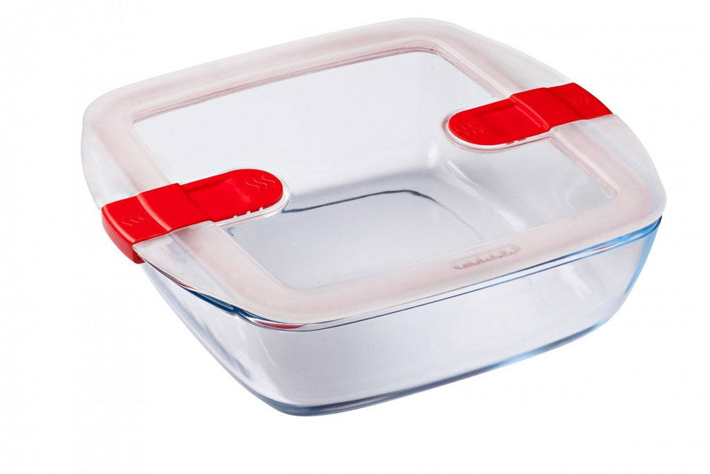 Image - Pyrex Cook & Heat Square Glass Food Container with Patented Microwave Safe Lid, 25x22x7cm