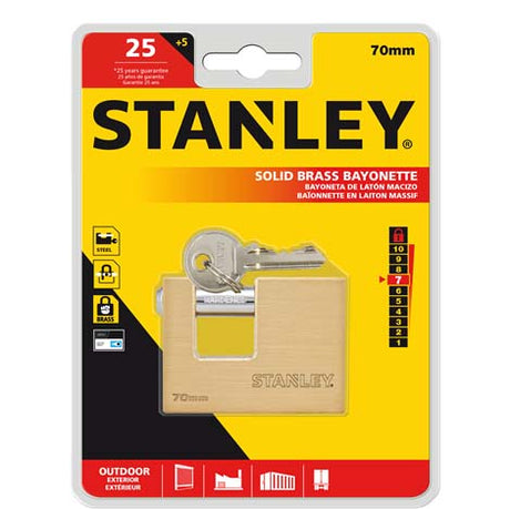 Image - Stanley Solid Brass Bayonette Padlock, 70mm