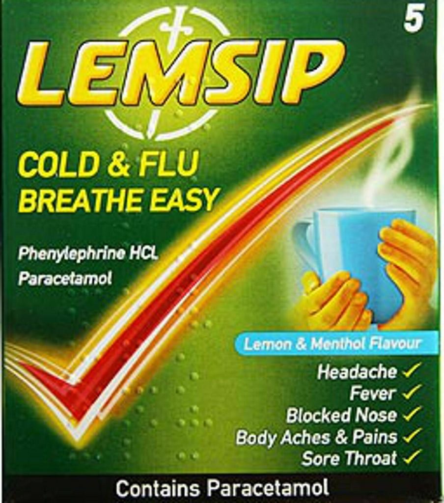 Image - Lemsip Cold & Flu Breathe Easy Paracetamol Sachets, 5pcs, Lemon & Menthol Flavour
