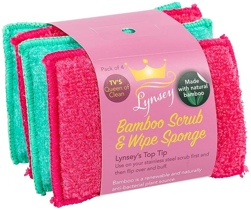 Image - Addis Lynsey Queen of Clean Bamboo Scrub & Wipe Sponge 4pk, Pink & Green