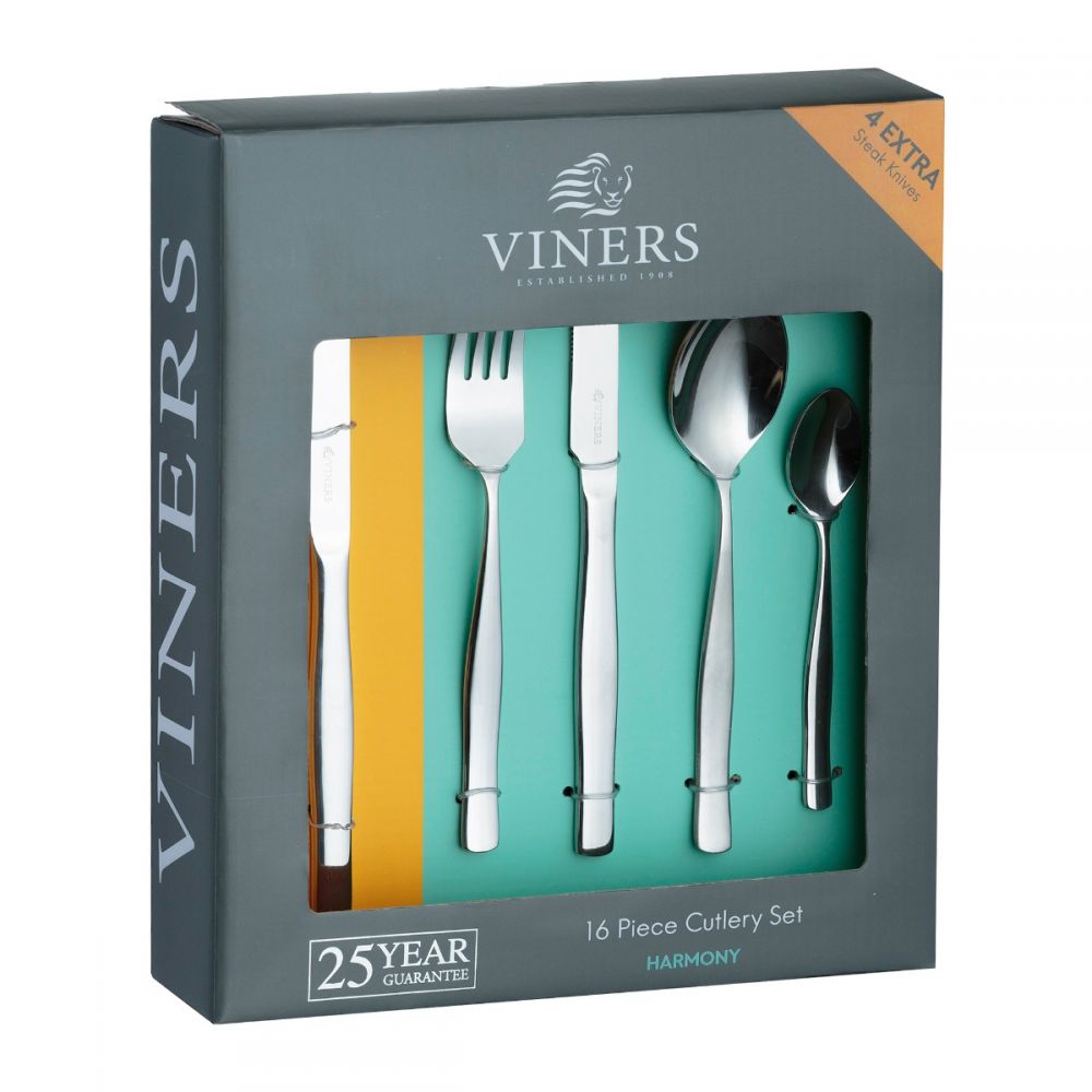 Image - Viners Harmony 18.0 Cutlery Set with 4 Free Steak Knives in Gift Box, Stainless Steel