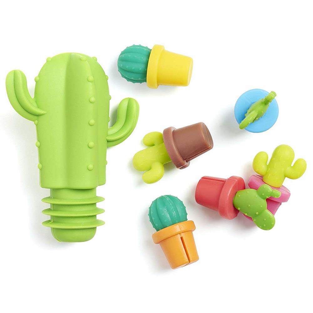 Image - Cactus Wine Stopper and Markers Set, Multicolour