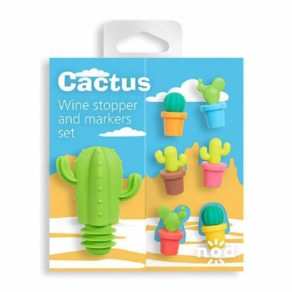 Image - Cactus Wine Stopper and Markers Set, Multicolour