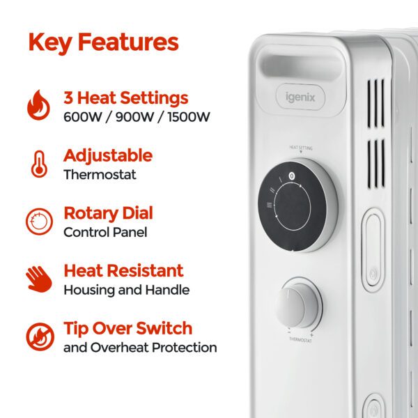 Image - Igenix Oil Filled Radiator, 1.5kW/1500W, Overheat Protection, White