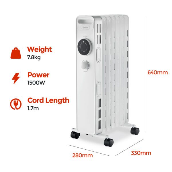 Image - Igenix Oil Filled Radiator, 1.5kW/1500W, Overheat Protection, White