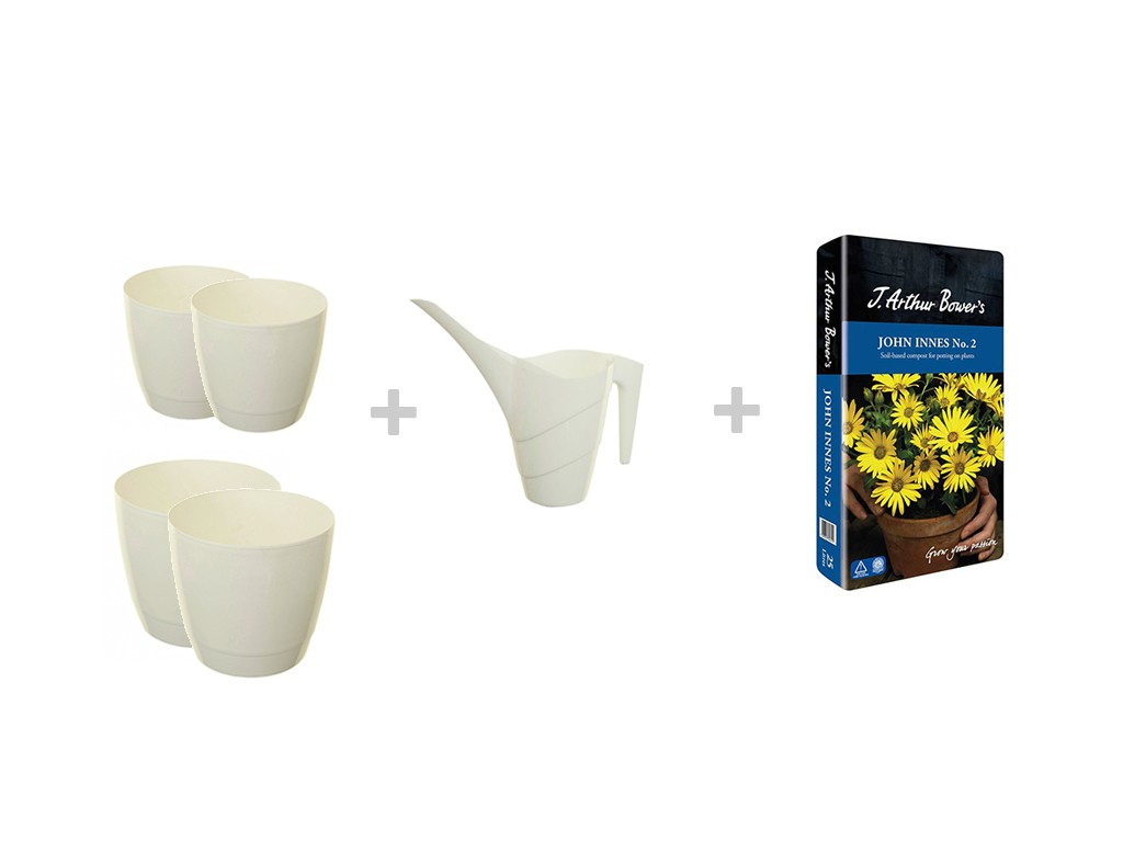 Image - Whitefurze Indoor Round Pots + Watering Can + J. Arthur Bower's 25L Compost Bundle