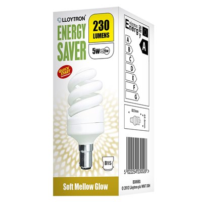 Image - Lloytron Mini Spiral Energy Saver Bulb B15, 5W, White