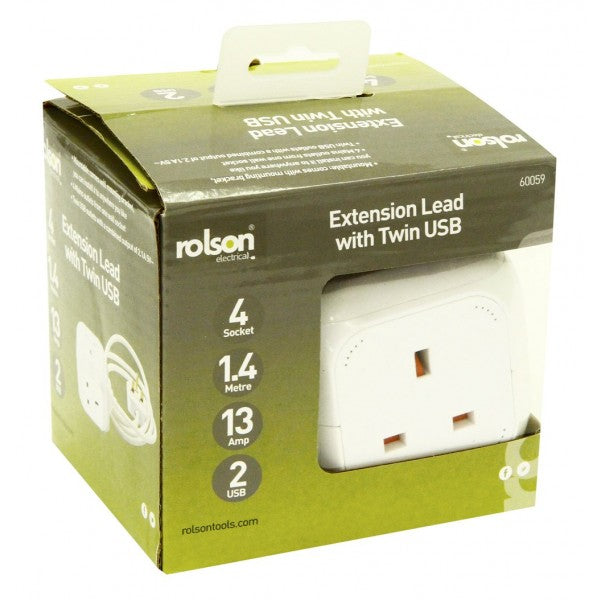 Image - Rolson Cube Extension Lead 4 Sockets + 2 USB 2.1A 1.4m