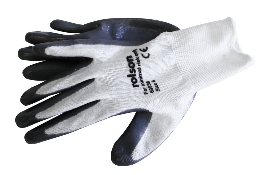 Image - Rolson Nitrile Coated Work Gloves, Medium, White/Grey