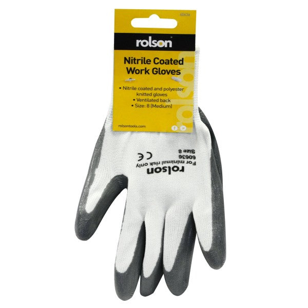 Image - Rolson Nitrile Coated Work Gloves, Medium, White/Grey