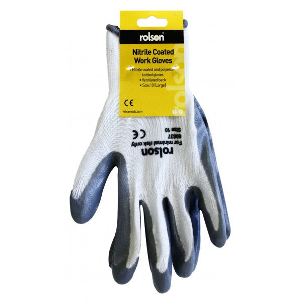 Image - Rolson Nitrile Coated Work Gloves, Large, White/Grey