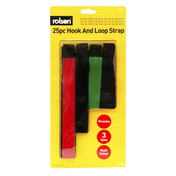 Image - Rolson 25 Piece Hook and Loop Cable Straps Reusable Organiser Tidy-Ties, Red Black & Green