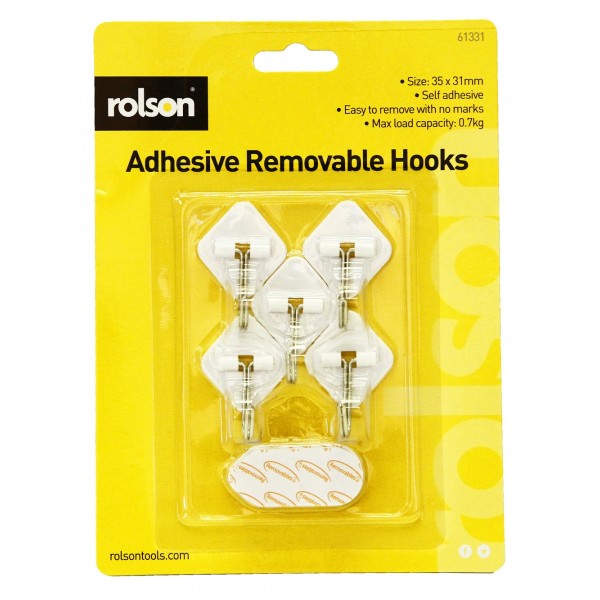 Image - Rolson® Removable Adhesive Metal Hooks, 35x31mm, 5pcs, White