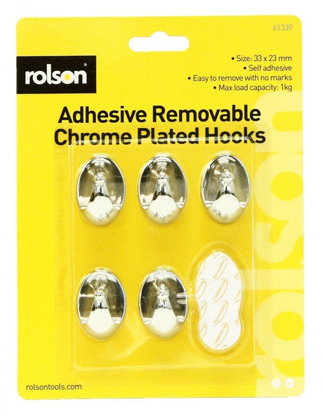 Image - Rolson Adhesive Removable Chrome Plated Hooks, 33 x 23cm