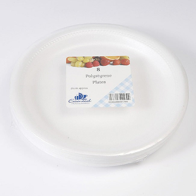 Image - Essential Housewares Disposable Round Polystyrene Plates, 26cm, Pack of 8, White