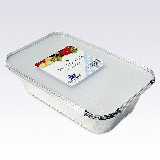 Image - Essential Housewares Rectangular Foil Tray with Lid, 26x15x5.6cm, Pack of 4