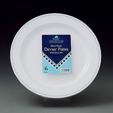 Image - Essential Housewares Plastic Dinner Plates, White with Silver Rim, 18cm, Pack of 6