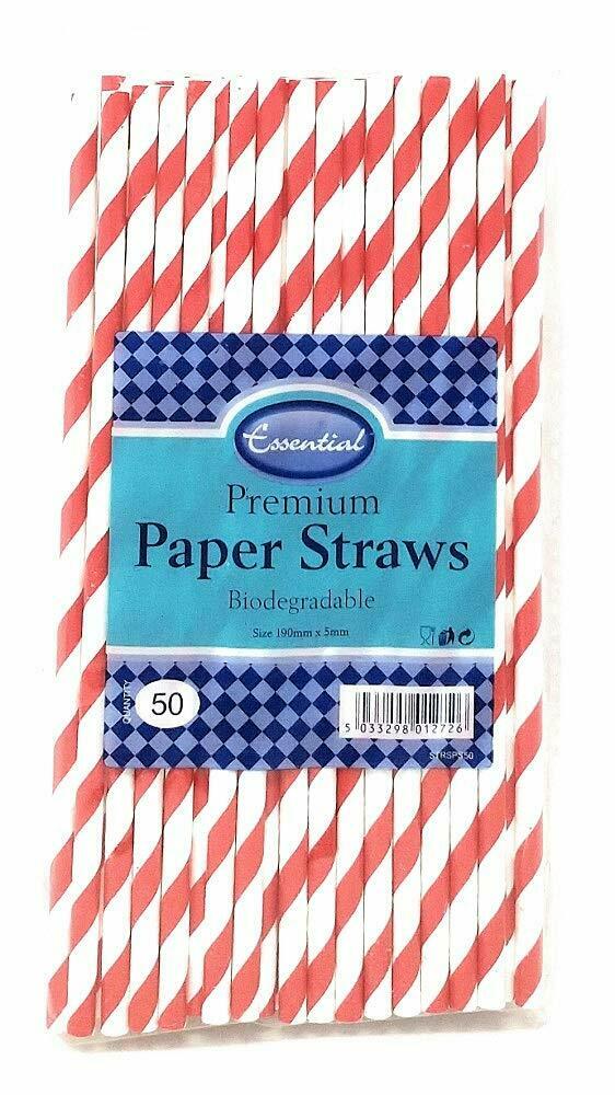 Image - Essential Housewares Premium Striped Paper Straws, 50pcs, Red