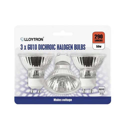 Image - Lloytron GU10 50W Dichroic Halogen Bulb Triple Blister Card