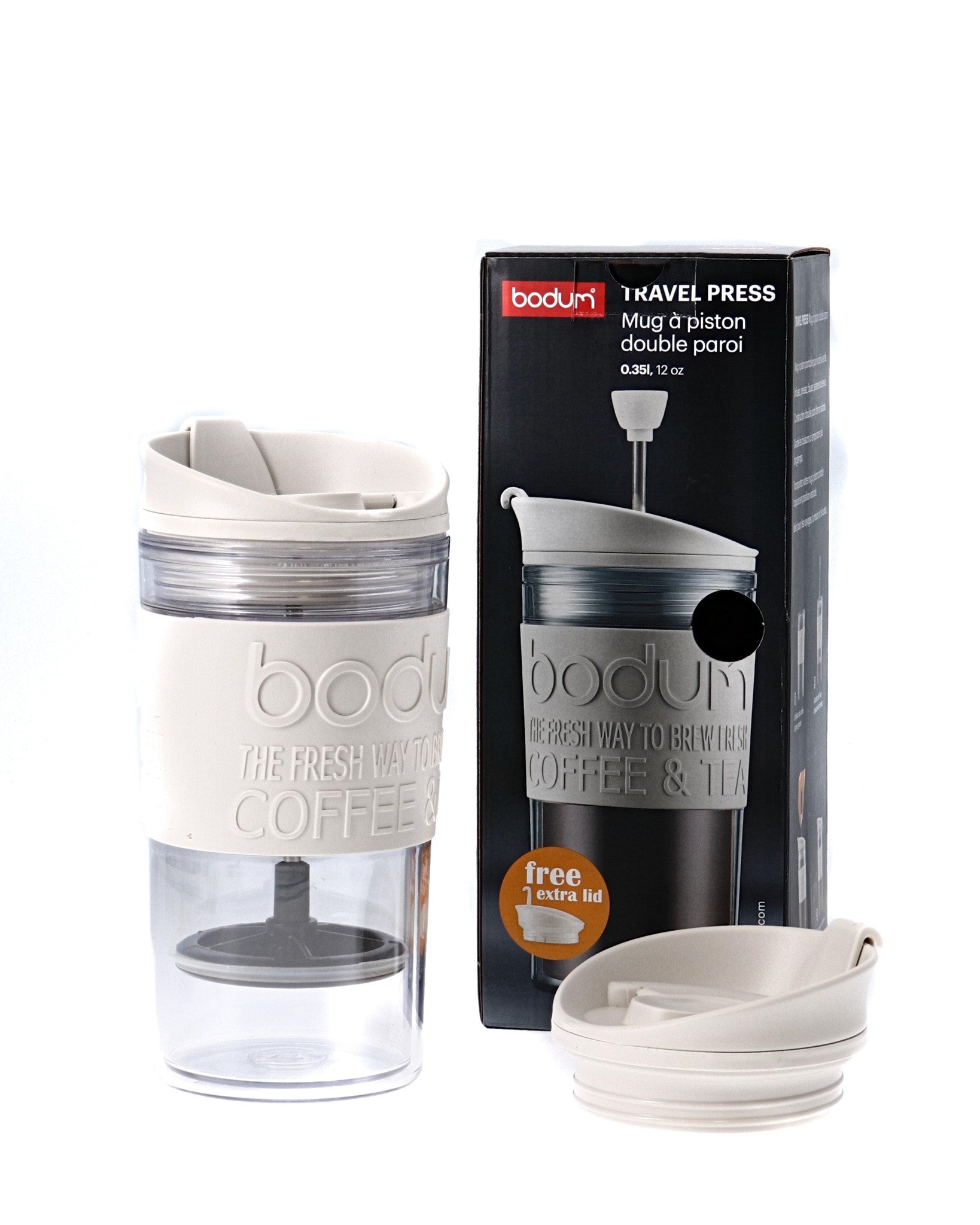 Bodum Travel Press Set Coffee Maker with Extra Lid, 0.35L (12oz),  Off-White/Transparent