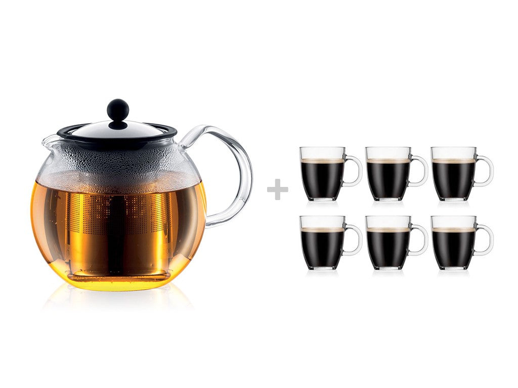 Image - Bodum ASSAM Tea Press Pot with Stainless Steel Filter 1L + Bodum BISTRO 6 Pcs Coffee Mug 0.35L, Bundle of 2
