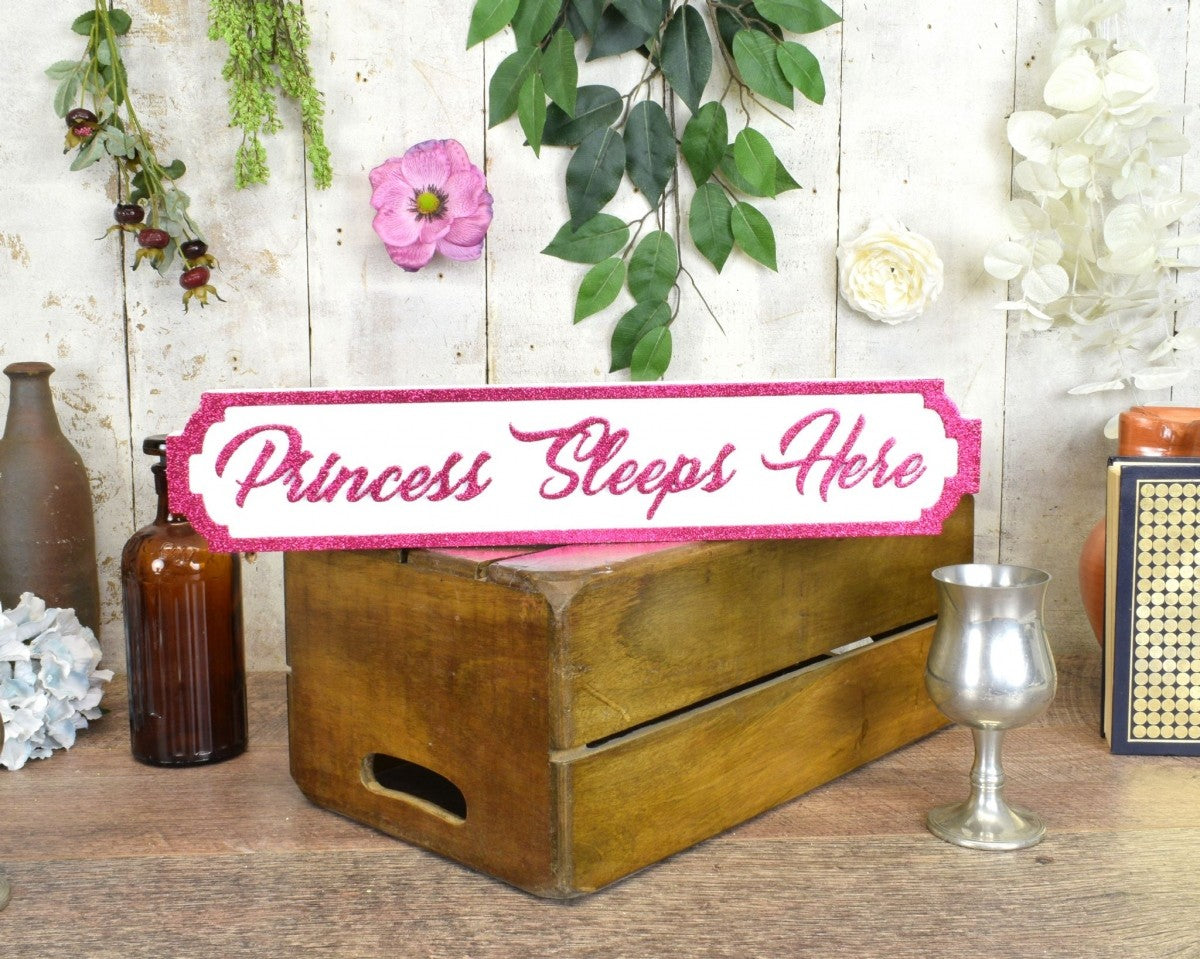 Image - Vintage Mini Street Princess Sleeps Here Pink Glitter Sign