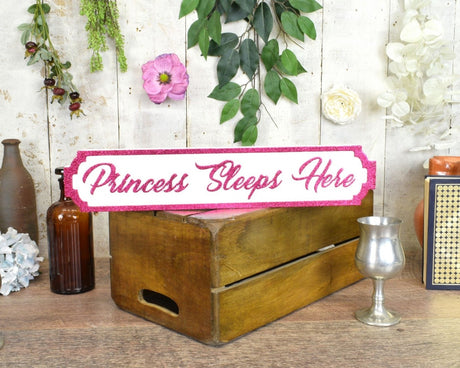 Image - Vintage Mini Street Princess Sleeps Here Pink Glitter Sign