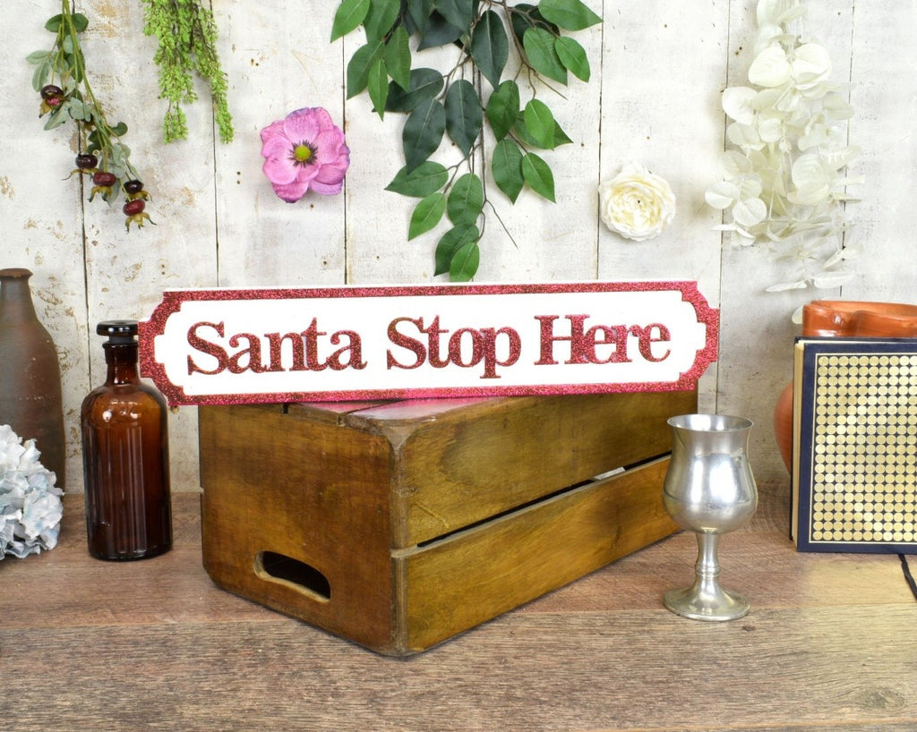 Image - Vintage Mini Street Santa Stop Here Red Glitter Sign